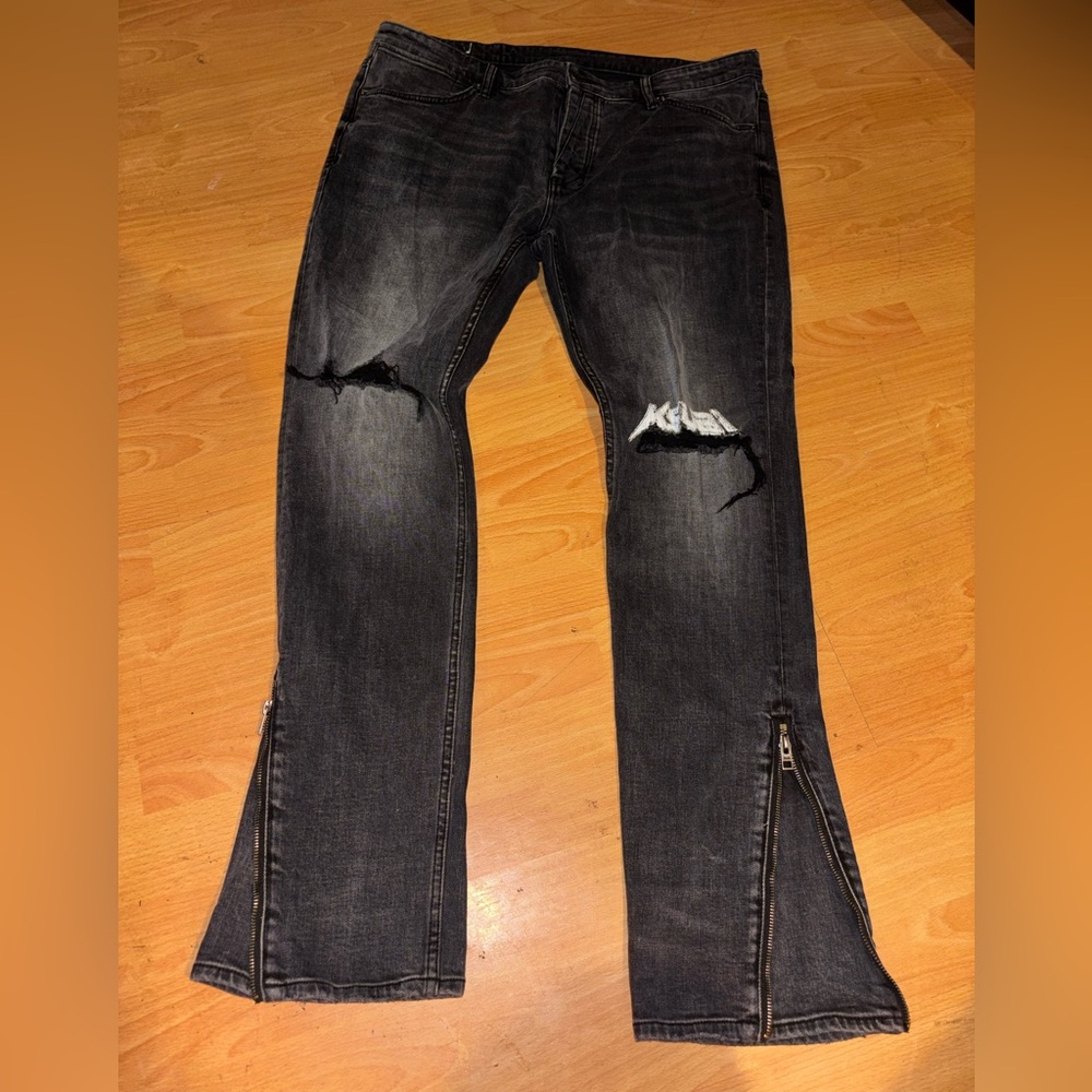 Ksubi Black Distressed Jeans with Knee Rips and Ankle Zippers Size 38